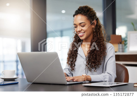 Happy, laptop and search with business woman in office for social media, networking and corporate. Smile, planning and technology with employee in digital agency for entrepreneur, internet and email 135172877