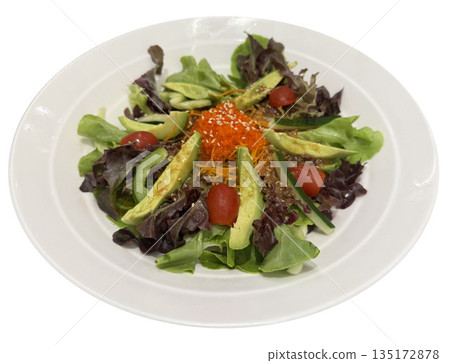 Die cut a bowl of salad with tomatoes, avocado, vegetables for healthy food, cafe, restaurant, menu, recipe, cuisine, food delivery, breakfast, lunch, brunch, dinner, back to school, organic, cooking 135172878