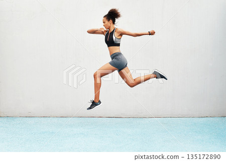 Woman, fitness and running on mockup in exercise, cardio training or workout outdoors. Fit, active or sport female person or runner in sports motivation, run or healthy wellness on wall mock up space Woman, fitness and running on mockup in exercise, cardio training or workout outdoors. Fit, active or sport female person or runner in sports motivation, run or healthy wellness on wall mock up space 135172890