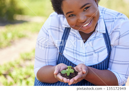 Agriculture, portrait and black woman with plant in hands for planting vegetables, harvest and ecosystem. Farming, sustainability and farmer with dirt in palms for environment, growth and nature Agriculture, portrait and black woman with plant in hands for planting vegetables, harvest and ecosystem. Farming, sustainability and farmer with dirt in palms for environment, growth and nature 135172949