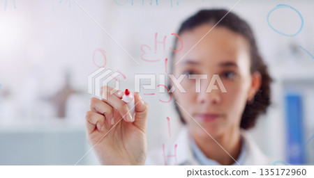 Thinking, scientist formula and woman writing on clear board for science data research. Laboratory worker, female person and focus with planning and futuristic vision for chemistry test with hand Thinking, scientist formula and woman writing on clear board for science data research. Laboratory worker, female person and focus with planning and futuristic vision for chemistry test with hand 135172960