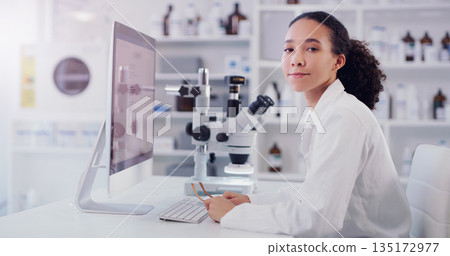Computer, research and portrait of woman in laboratory for science, pharmacy and medical. Healthcare, technology and study analysis with female scientist for medicine, expert and online report Computer, research and portrait of woman in laboratory for science, pharmacy and medical. Healthcare, technology and study analysis with female scientist for medicine, expert and online report 135172977
