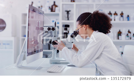 Science, computer and microscope with woman in laboratory for expert research, medical and planning. Idea, vaccine analysis and medicine with female scientist for chemistry, healthcare and pharmacy Science, computer and microscope with woman in laboratory for expert research, medical and planning. Idea, vaccine analysis and medicine with female scientist for chemistry, healthcare and pharmacy 135172979