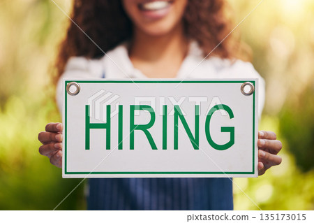 Hands, smile and woman with hiring sign for employment, career or job opportunity. Recruitment, poster and African female business owner, florist and advertising interview, hire or hr onboarding. Hands, smile and woman with hiring sign for employment, career or job opportunity. Recruitment, poster and African female business owner, florist and advertising interview, hire or hr onboarding. 135173015