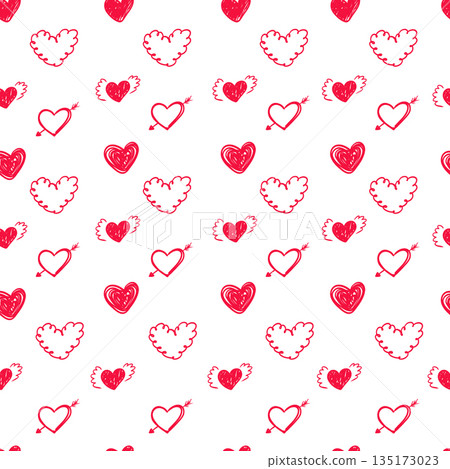 Whimsical tiny heart sketch seamless pattern, cute romantic doodle background. Ditsy small red hand drawn hearts on white background. Simple Valentines day bg Whimsical tiny heart sketch seamless pattern, cute romantic doodle background. Ditsy small red hand drawn hearts on white background. Simple Valentines day bg 135173023