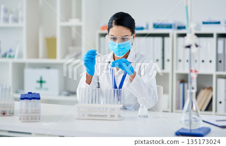 Covid, science and research with a woman in laboratory for innovation or modern medical breakthrough. Healthcare, medicine and vaccine with a female scientist working in a lab for cure development Covid, science and research with a woman in laboratory for innovation or modern medical breakthrough. Healthcare, medicine and vaccine with a female scientist working in a lab for cure development 135173024