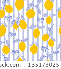 Cute coquette print lemon pattern, bow, stripes. Floral trellis citrus bg, background. Lemon with leaves, lemon slice, part. 135173025