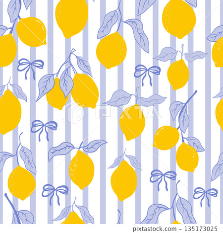 Cute coquette print lemon pattern, bow, stripes. Floral trellis citrus bg, background. Lemon with leaves, lemon slice, part. 135173025