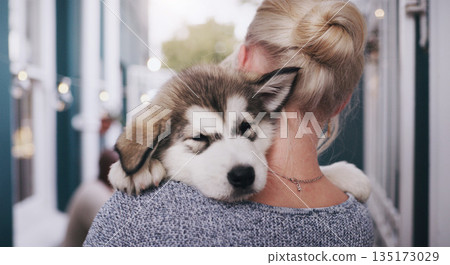 Pet, love and a woman carrying her dog in the home as a companion for trust, safety or friendship. Happy, dogs and a female animal owner holding her purebred husky puppy over her shoulder in a house Pet, love and a woman carrying her dog in the home as a companion for trust, safety or friendship. Happy, dogs and a female animal owner holding her purebred husky puppy over her shoulder in a house 135173029