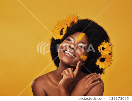 Thinking, beauty and happy black woman with sunflower in studio for makeup or wellness on yellow background. Flower, skincare and African lady model smile, relax or contemplate eco friendly treatment Thinking, beauty and happy black woman with sunflower in studio for makeup or wellness on yellow background. Flower, skincare and African lady model smile, relax or contemplate eco friendly treatment 135173035