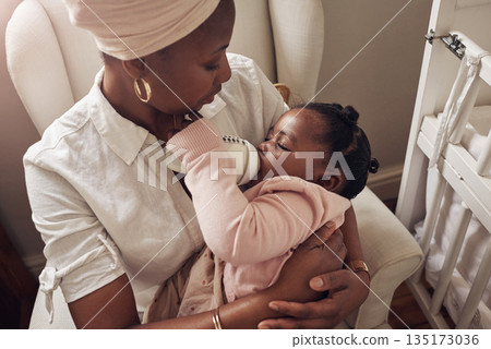 Love, milk and bottle with mother and baby for care, nursing and morning. Smile, happiness and food with black woman and feeding newborn infant in family home for nutrition, wellness and growth 135173036