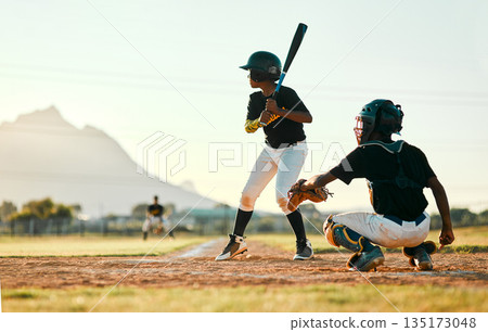Baseball, sports and players on a field for a game, training and competition. Team challenge, waiting and boys on a pitch for professional sport, practicing and batting in a league for action Baseball, sports and players on a field for a game, training and competition. Team challenge, waiting and boys on a pitch for professional sport, practicing and batting in a league for action 135173048