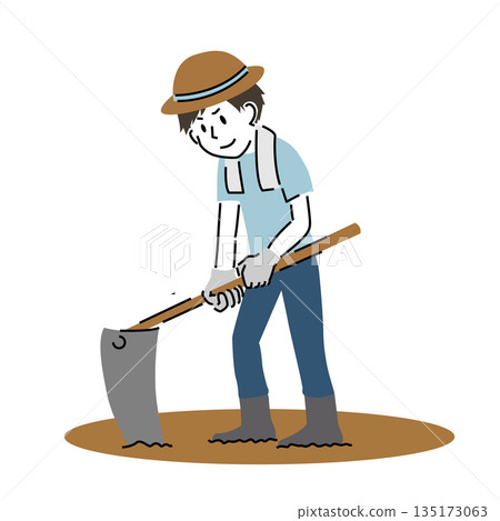 一個男人用簡單的手法耕地 135173063