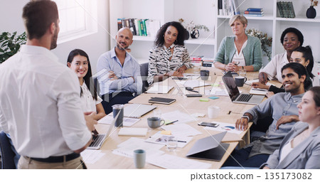 Diversity, businesspeople planning and sitting at table in a boardroom at workplace. Presentation or business meeting, collaboration and people talking or brainstorming together at their work Diversity, businesspeople planning and sitting at table in a boardroom at workplace. Presentation or business meeting, collaboration and people talking or brainstorming together at their work 135173082