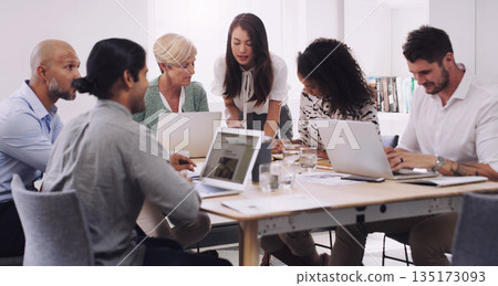 Business, staff and group in a meeting, brainstorming and planning with creative project, profit growth and development. Coworkers, team and men with women, collaboration and laptop with documents 135173093