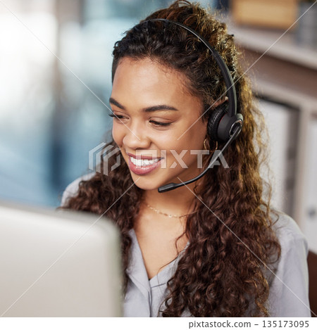 Call center communication, computer or happy woman typing at telecom customer services office job. Microphone, face or friendly sales agent consulting, speaking or talking in tech support help desk 135173095