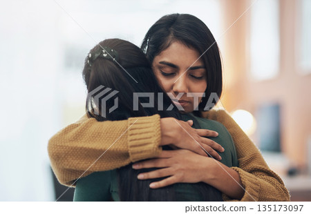 Friends, hug and support of women together in a house with love, care and empathy. Indian sisters or female family in a room while sad, depressed and hugging for comfort, trust and quality time Friends, hug and support of women together in a house with love, care and empathy. Indian sisters or female family in a room while sad, depressed and hugging for comfort, trust and quality time 135173097