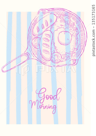 Good morning breakfast poster with hand drawn skillet food illustration and pastel striped background 135173165