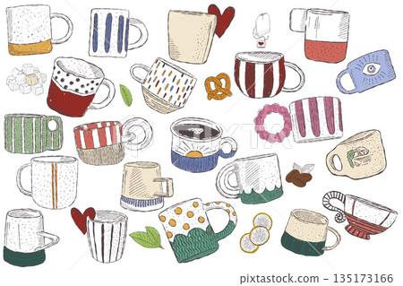 Hand drawn coffee mugs and cups collection for relaxed coffee time in cozy sketch style 135173166