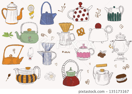 Hand drawn teapots and kettles illustration for cozy tea party in vintage sketch style Hand drawn teapots and kettles illustration for cozy tea party in vintage sketch style 135173167