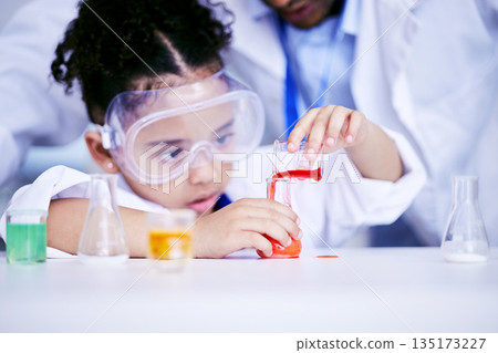 Science, research and child doing a experiment in a lab in physics or chemistry class in school. Knowledge, education and girl kid student working on a scientific project with glass beaker and liquid 135173227