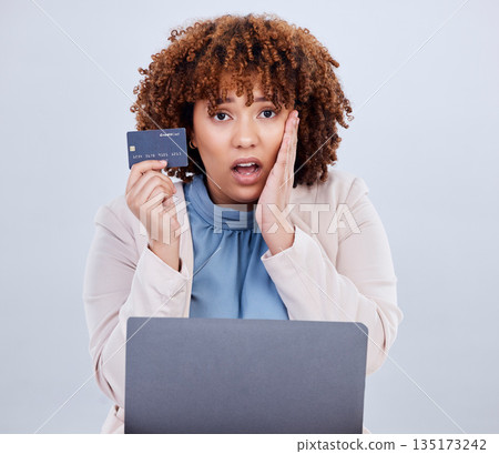 Credit card, laptop and a woman shocked or surprised with online shopping bill, scam or fintech payment. African female person with technology for e commerce mistake, security password or glitch Credit card, laptop and a woman shocked or surprised with online shopping bill, scam or fintech payment. African female person with technology for e commerce mistake, security password or glitch 135173242