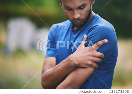 Sports, fitness and man with pain in shoulder after workout, exercise and marathon training outdoors. Medical emergency, health and male person with muscle strain, arm injury and joint ache in park Sports, fitness and man with pain in shoulder after workout, exercise and marathon training outdoors. Medical emergency, health and male person with muscle strain, arm injury and joint ache in park 135173298