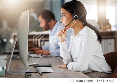 Call center, consulting and computer with business woman in office for communication, customer service and help desk. Telemarketing, sales and advice with employee for focus, contact us and hotline Call center, consulting and computer with business woman in office for communication, customer service and help desk. Telemarketing, sales and advice with employee for focus, contact us and hotline 135173299