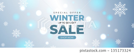Winter sale commercial promotional banner with snowflakes and bokeh lights. Winter sale commercial promotional banner with snowflakes and bokeh lights. 135173324
