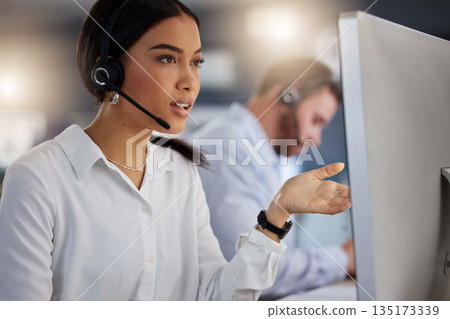 Call center, advisory and computer with woman in office for communication, customer service or help desk. Telemarketing, sales and advice with female employee for commitment, contact us and hotline 135173339