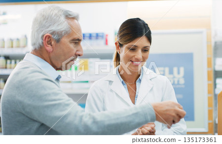 Pharmacy product, senior customer and woman advice, recommendation or consulting about pills, medicine or package. Female pharmacist, healthcare decision and elderly man reading pharmaceutical info Pharmacy product, senior customer and woman advice, recommendation or consulting about pills, medicine or package. Female pharmacist, healthcare decision and elderly man reading pharmaceutical info 135173361