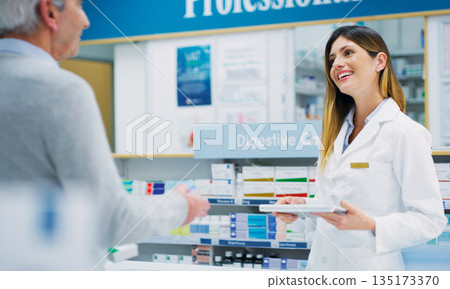 Pharmacist conversation, senior customer and woman helping elderly patient, pharmacy client or person. Healthcare support, communication and female chemist talking, service and help with prescription Pharmacist conversation, senior customer and woman helping elderly patient, pharmacy client or person. Healthcare support, communication and female chemist talking, service and help with prescription 135173370