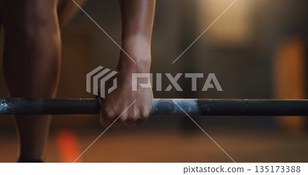 Weightlifting, fitness and hands of person with barbell in gym for training, exercise and intense workout. Sports, strong body and body builder people lift weights for challenge, wellness or strength Weightlifting, fitness and hands of person with barbell in gym for training, exercise and intense workout. Sports, strong body and body builder people lift weights for challenge, wellness or strength 135173388