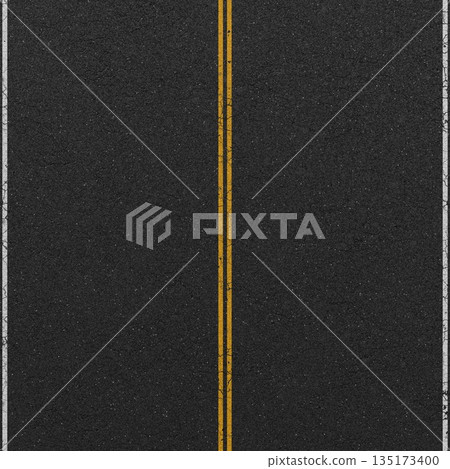 Asphalt road surface with double yellow centerline vertical view. 3D rendering illustration Asphalt road surface with double yellow centerline vertical view. 3D rendering illustration 135173400