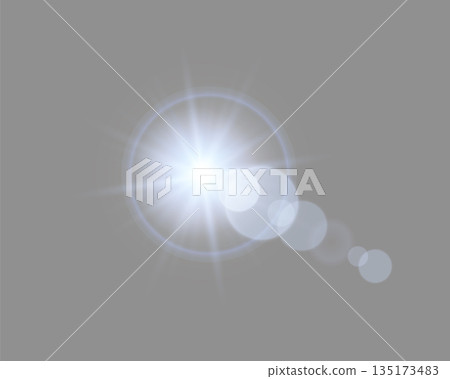 Blue sunlight lens flare, sun flash with rays and spotlight. Glowing burst explosion on a grey background. Vector illustration. Blue sunlight lens flare, sun flash with rays and spotlight. Glowing burst explosion on a grey background. Vector illustration. 135173483