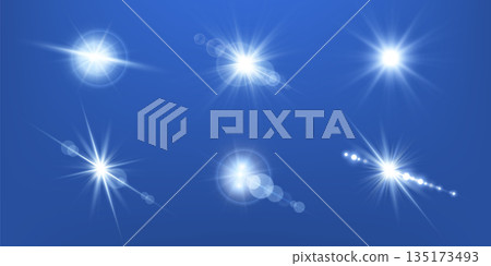 Blue lens flares set. Isolated on transparent background. Sun flash with rays or gold spotlight and bokeh. Blue glow flare light effect. Vector illustration. Blue lens flares set. Isolated on transparent background. Sun flash with rays or gold spotlight and bokeh. Blue glow flare light effect. Vector illustration. 135173493