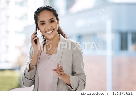 Phone call, happy and businesswoman with cellphone in the office for communication or discussion. Happiness, smile and professional female employee on mobile conversation with confidence in workplace 135173621