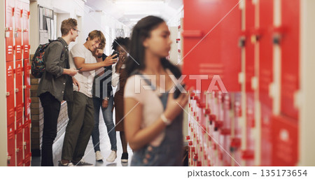 Bully, students and girl in high school, anxiety and stress with depression, sad and social issue. Female person, young people and teenager with mental health, locker and harassment with gossip 135173654