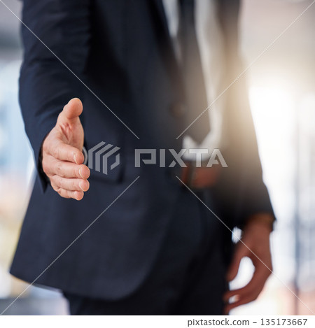 Businessman, handshake and deal in meeting for hiring, partnership or b2b agreement at the office. Man employee shaking hands for business welcome, recruiting or introduction to job at the workplace 135173667