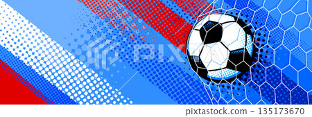 Modern soccer banner background featuring a football with dynamic abstract shapes, halftone textures 135173670