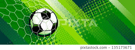 Modern soccer banner background featuring a football with dynamic abstract shapes, halftone textures 135173671