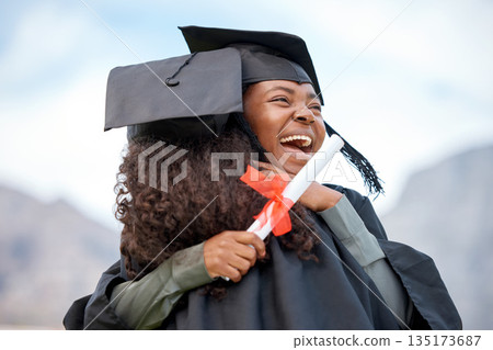 Graduation hug, excited and women with certificate for scholarship, achievement or school success. Happy, affection and friends or students hugging with a smile to celebrate a diploma from college Graduation hug, excited and women with certificate for scholarship, achievement or school success. Happy, affection and friends or students hugging with a smile to celebrate a diploma from college 135173687