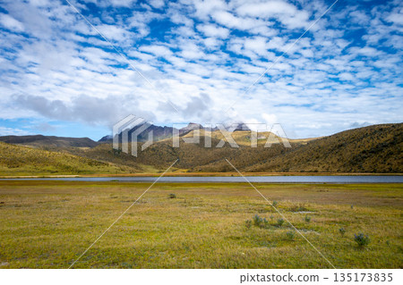 Scenic view of mountains and lake near Cotopaxi Volcano in Ecuador 135173835