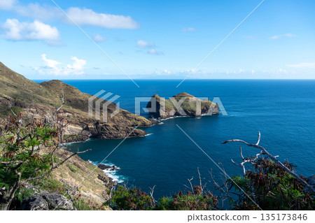 Cliffs and coastline of Taiohae Bay in Nuku Hiva, Marquesas Islands, French Polynesia Cliffs and coastline of Taiohae Bay in Nuku Hiva, Marquesas Islands, French Polynesia 135173846