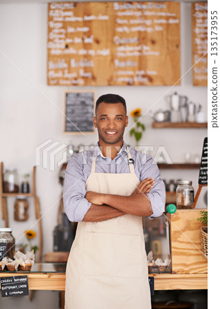 Black man, portrait smile and waiter with arms crossed in cafe with pride for owner career. Barista, happy and confidence of African person from Nigeria in restaurant, small business and coffee shop Black man, portrait smile and waiter with arms crossed in cafe with pride for owner career. Barista, happy and confidence of African person from Nigeria in restaurant, small business and coffee shop 135173955