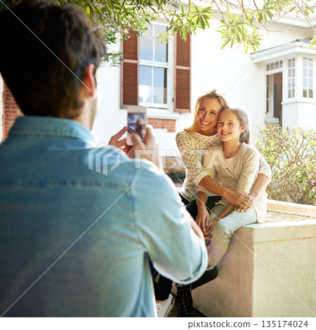 Happy family house, outdoor hug and phone photo of Mothers Day kid, child or girl with mom, mama or woman. Dad, bond and people enjoy quality time together in backyard garden, embrace and smile Happy family house, outdoor hug and phone photo of Mothers Day kid, child or girl with mom, mama or woman. Dad, bond and people enjoy quality time together in backyard garden, embrace and smile 135174024