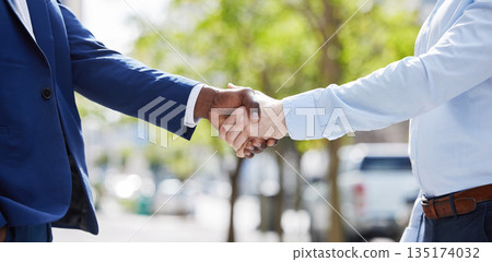 Black man, hiring or businessman shaking hands in city for b2b negotiation or contract agreement. Handshake, thank you or zoom of manager meeting, networking or partnership deal opportunity outdoors Black man, hiring or businessman shaking hands in city for b2b negotiation or contract agreement. Handshake, thank you or zoom of manager meeting, networking or partnership deal opportunity outdoors 135174032