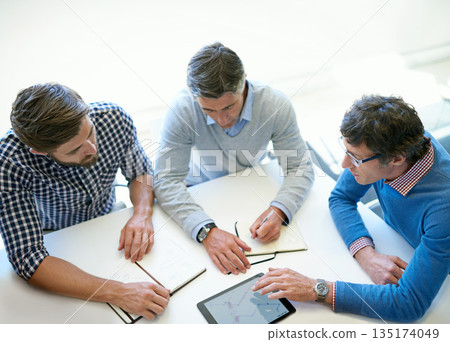 Planning, idea and tablet with business people in meeting for idea, strategy and teamwork from above. Review, collaboration and branding with employees in boardroom for digital, data and solution 135174049