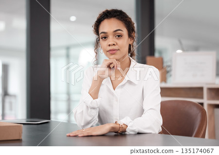 Business woman, pride and confident in portrait, success and professional mindset in workplace. Corporate female employee at desk, career mission and ambition with empowerment at agency office 135174067