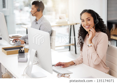 Portrait, customer service and computer with a woman consultant working in her office for support or assistance. Call center, contact us or crm with a happy female employee consulting using a headset 135174071
